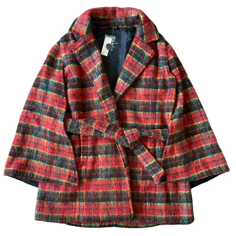 New York & Company Plaid Belted Wool-Blend Cape Jacket, XS/S